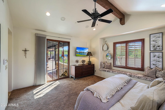 bedroom featuring access to outside, carpet flooring, lofted ceiling with beams, and ceiling fan