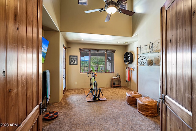 workout area with carpet, a high ceiling, and ceiling fan