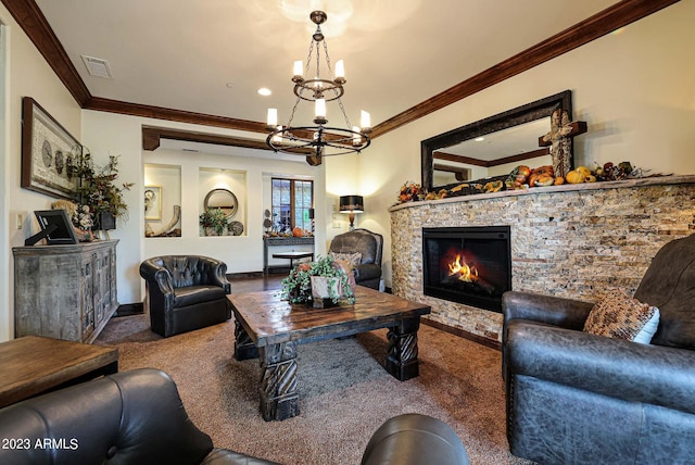 living room featuring ornamental molding, dark colored carpet, a chandelier, and a stone fireplace