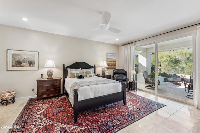 tiled bedroom with access to exterior and ceiling fan