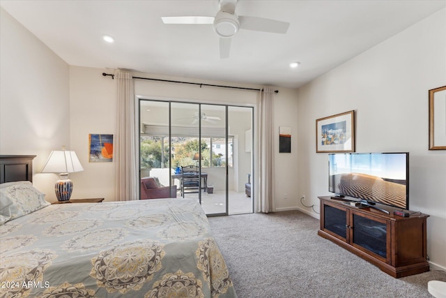 carpeted bedroom featuring access to exterior and ceiling fan