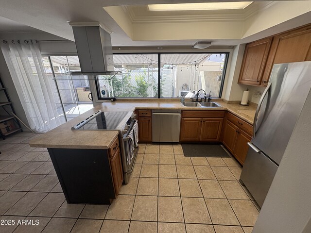 kitchen featuring island range hood, high end stove, and light tile patterned floors