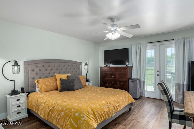 bedroom with french doors, wood finished floors, and access to exterior