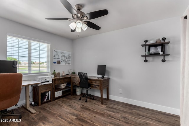 office with baseboards, ceiling fan, and dark wood-style flooring
