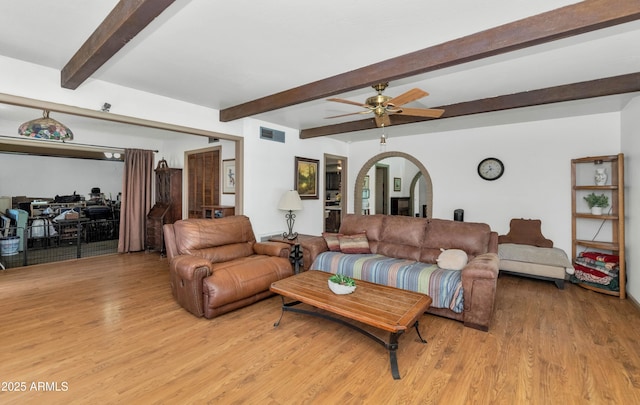 1298 E Buffalo St, Chandler, AZ 85225 - living area featuring arched walkways, light wood-type flooring, ceiling fan, and beam ceiling