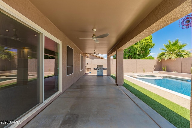 view of patio / terrace featuring a fenced backyard, a ceiling fan, a fenced in pool, and a grill
