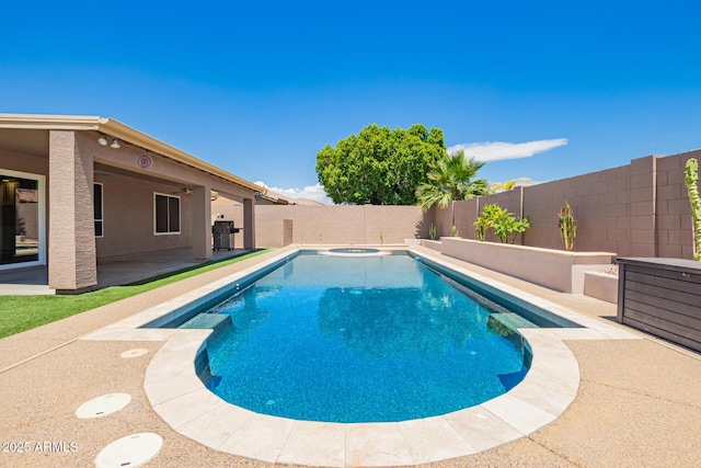 view of pool featuring a patio, a fenced backyard, and a fenced in pool