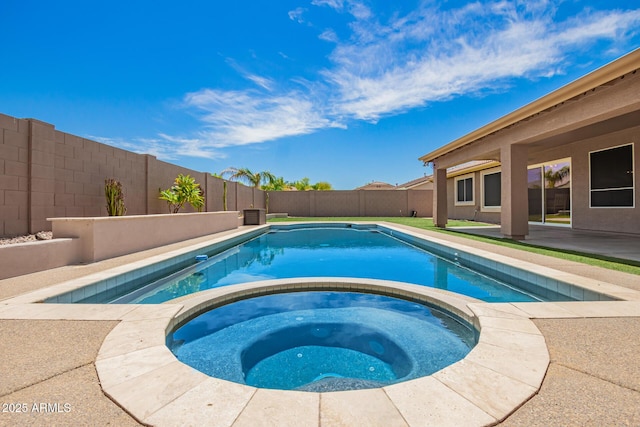 view of swimming pool with a fenced in pool, a fenced backyard, an in ground hot tub, and a patio area