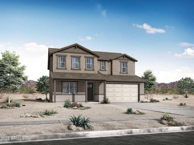 view of front of house with a mountain view, a garage, brick siding, driveway, and stucco siding