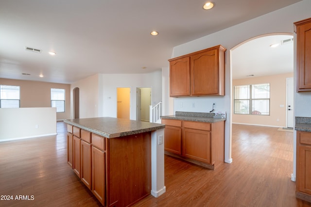 kitchen featuring arched walkways, plenty of natural light, light wood-style flooring, and visible vents
