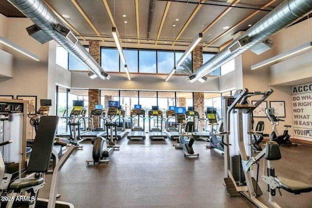 gym featuring a towering ceiling