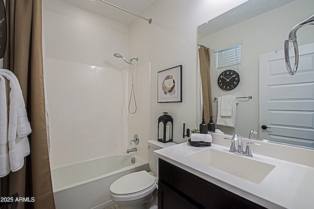 full bath with vanity, toilet, and shower / bathtub combination with curtain