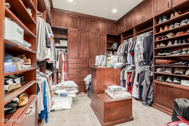 walk in closet with light carpet