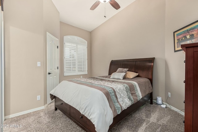 bedroom featuring a ceiling fan, carpet, lofted ceiling, and baseboards