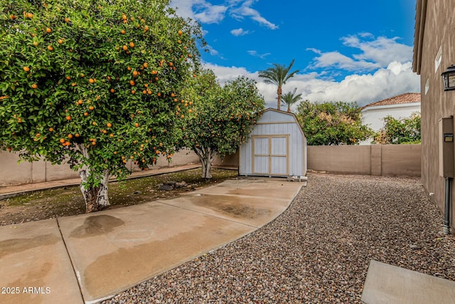 view of yard with a patio area, a fenced backyard, an outdoor structure, and a storage unit