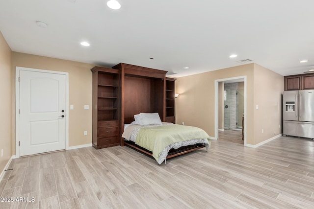 bedroom featuring recessed lighting, visible vents, baseboards, stainless steel refrigerator with ice dispenser, and light wood finished floors