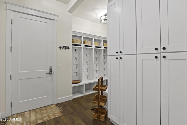 mudroom with dark wood-style floors and baseboards