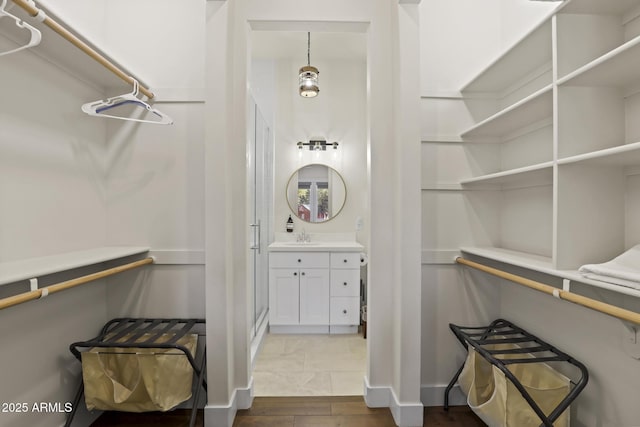 spacious closet with a sink and wood finished floors