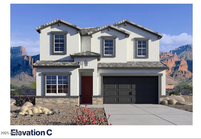 7384 W Buckhorn Trl, Peoria, AZ 85383 - traditional-style house with a garage, driveway, a mountain view, and stone siding