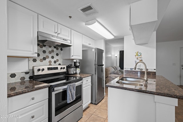 12123 W Bell Rd Unit 211, Surprise, AZ 85378 - kitchen featuring stainless steel appliances, under cabinet range hood, tasteful backsplash, white cabinets, and a peninsula