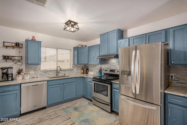 kitchen featuring appliances with stainless steel finishes, blue cabinetry, tasteful backsplash, and sink