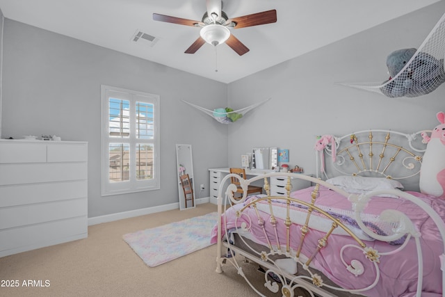 bedroom with carpet floors, a ceiling fan, baseboards, and visible vents