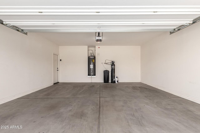 garage with water heater, baseboards, and a garage door opener
