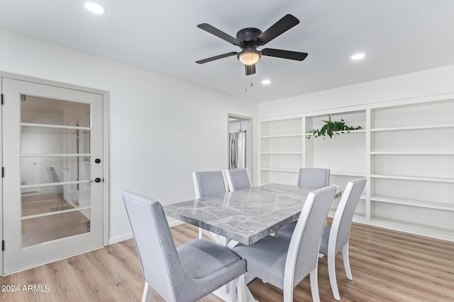 dining space featuring recessed lighting, baseboards, ceiling fan, and light wood-type flooring