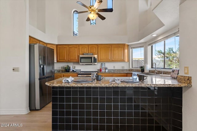 kitchen featuring light stone countertops, sink, stainless steel appliances, light hardwood / wood-style flooring, and kitchen peninsula