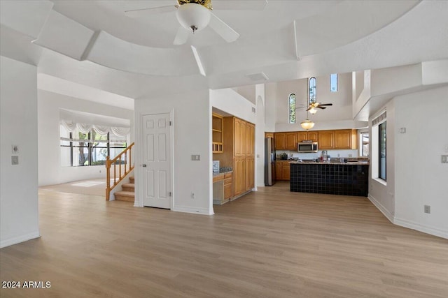 kitchen featuring ceiling fan, light hardwood / wood-style floors, and stainless steel appliances