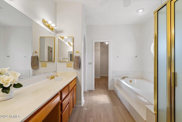 bathroom featuring plus walk in shower, vanity, and wood-type flooring