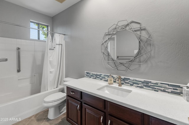 full bathroom with toilet, tasteful backsplash, vanity, shower / bath combination with curtain, and tile patterned flooring