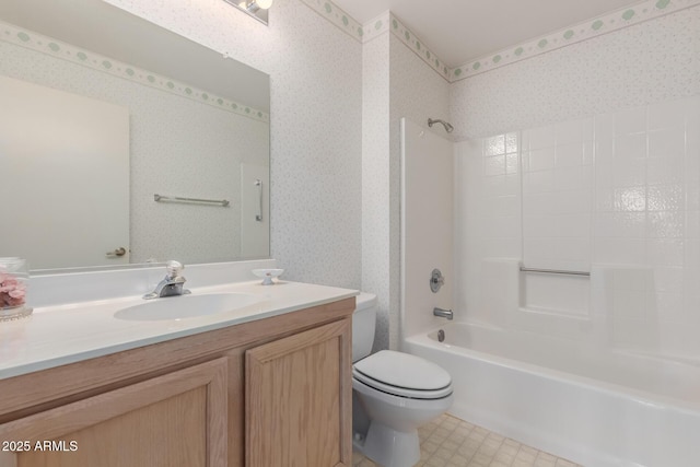 full bath featuring tub / shower combination, vanity, toilet, and wallpapered walls