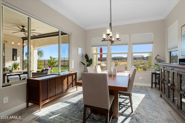 dining room featuring light hardwood / wood-style floors, ornamental molding, and ceiling fan with notable chandelier