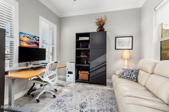 office featuring crown molding and light wood-type flooring