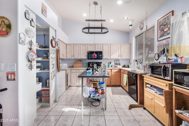 kitchen featuring lofted ceiling, light tile patterned floors, light brown cabinetry, and black appliances