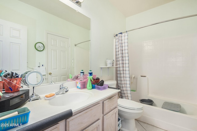 full bathroom with toilet, vanity, tile patterned floors, and shower / bath combo with shower curtain