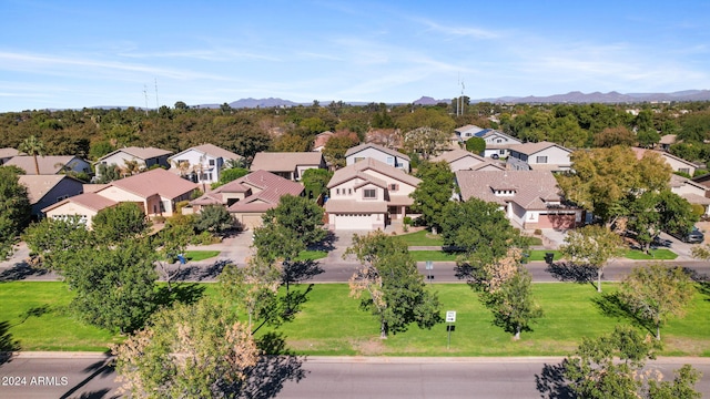 drone / aerial view featuring a mountain view