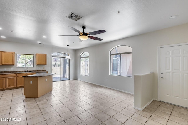 kitchen featuring a sink, a center island, a wealth of natural light, and visible vents
