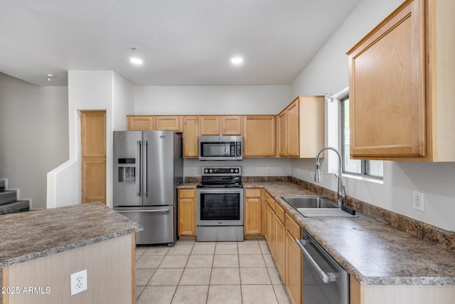 kitchen with light brown cabinetry, recessed lighting, a sink, appliances with stainless steel finishes, and light tile patterned floors