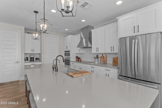 kitchen with stainless steel appliances, white cabinetry, a kitchen island with sink, and wall chimney exhaust hood