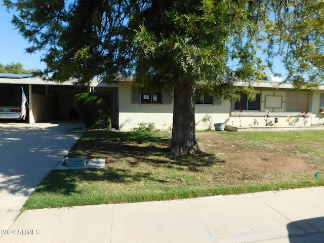 single story home featuring a carport and a front lawn