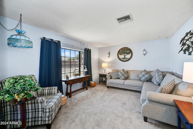 living room with a textured ceiling and carpet floors