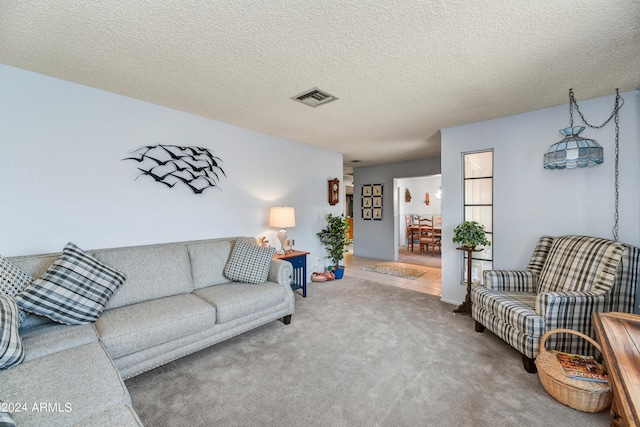 living room featuring carpet flooring and a textured ceiling