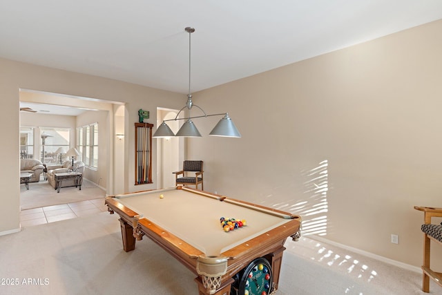 playroom with light carpet, light tile patterned floors, billiards, and baseboards