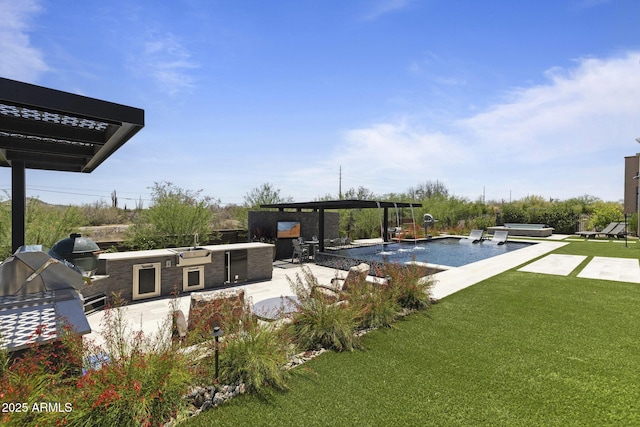 17245 E Desert Vista Trl, Rio Verde, AZ 85263 - view of grassy yard with area for grilling, a pool, a patio, and a pergola