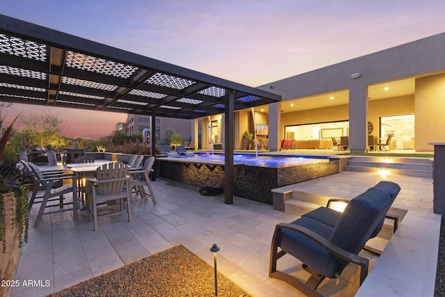 17245 E Desert Vista Trl, Rio Verde, AZ 85263 - view of patio with a jacuzzi, outdoor dining space, an outdoor pool, and a pergola
