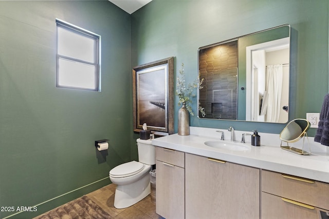 17245 E Desert Vista Trl, Rio Verde, AZ 85263 - bathroom featuring vanity, toilet, curtained shower, baseboards, and tile patterned floors