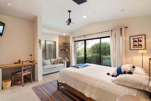 bedroom with light tile patterned flooring and vaulted ceiling