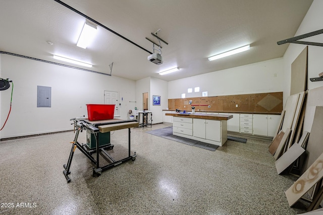 garage with a garage door opener and electric panel